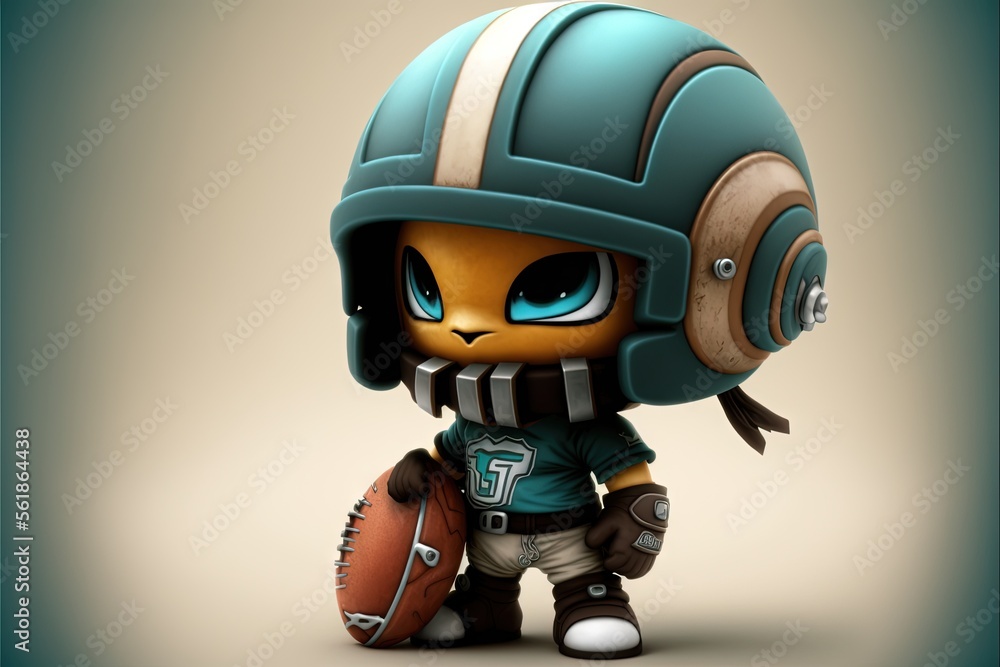 Poster a cartoon character with a helmet and football ball on a gray background with a blue background and 