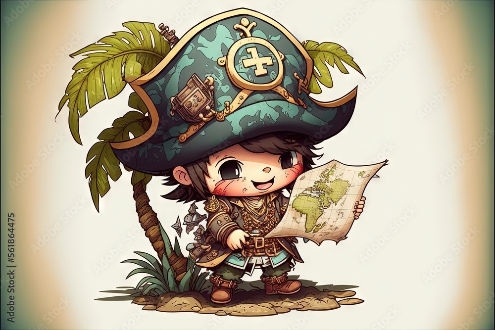 Poster a cartoon character with a pirate hat and map in his hand and a palm tree in the background, with a 