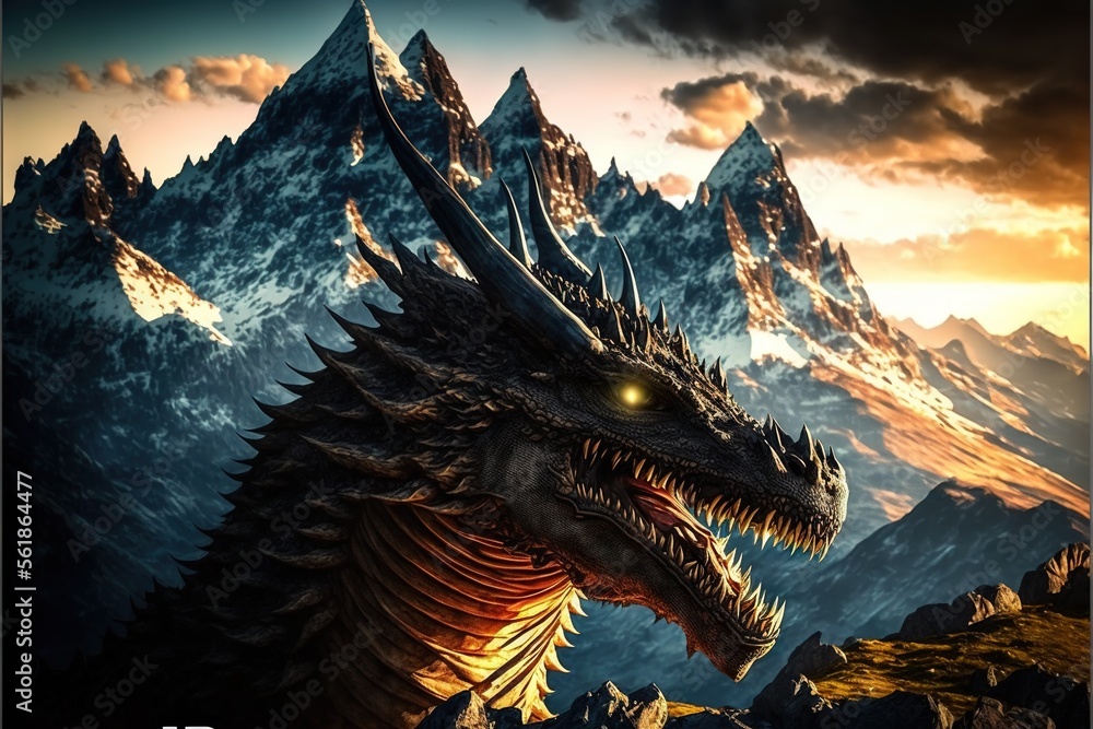 Poster a dragon with glowing eyes is in front of a mountain range with a mountain range in the background a