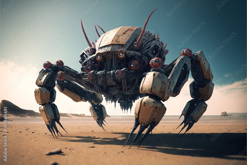 Poster a giant robot like creature walking across a desert field with a sky background and clouds in the ba