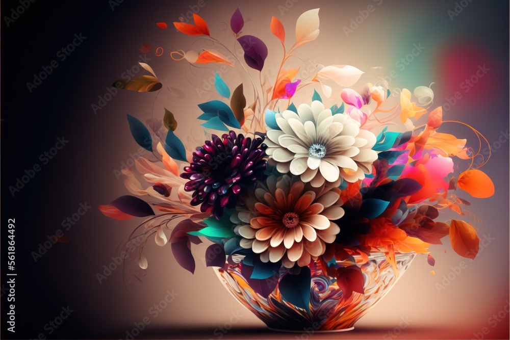 Poster a vase filled with lots of colorful flowers on a table top next to a wall with a black background be