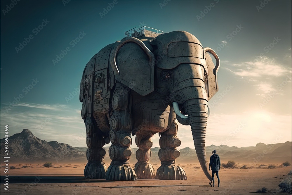 Poster a man standing next to an elephant statue in the desert with mountains in the background and a sky w