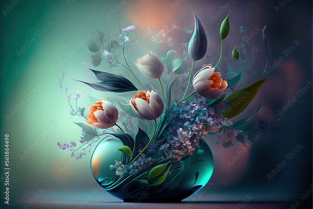 Poster a vase with flowers in it on a table top with a blue background and a green background behind it, wi