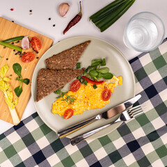 Egg omlette breakfast top down healthy vegetables bread fresh aesthetic restaurant brunch