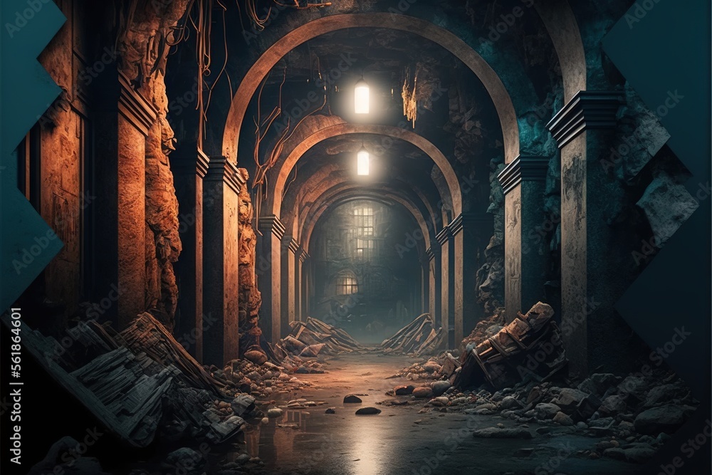 Poster a dark tunnel with a light at the end of it and debris everywhere around it and a few people standin