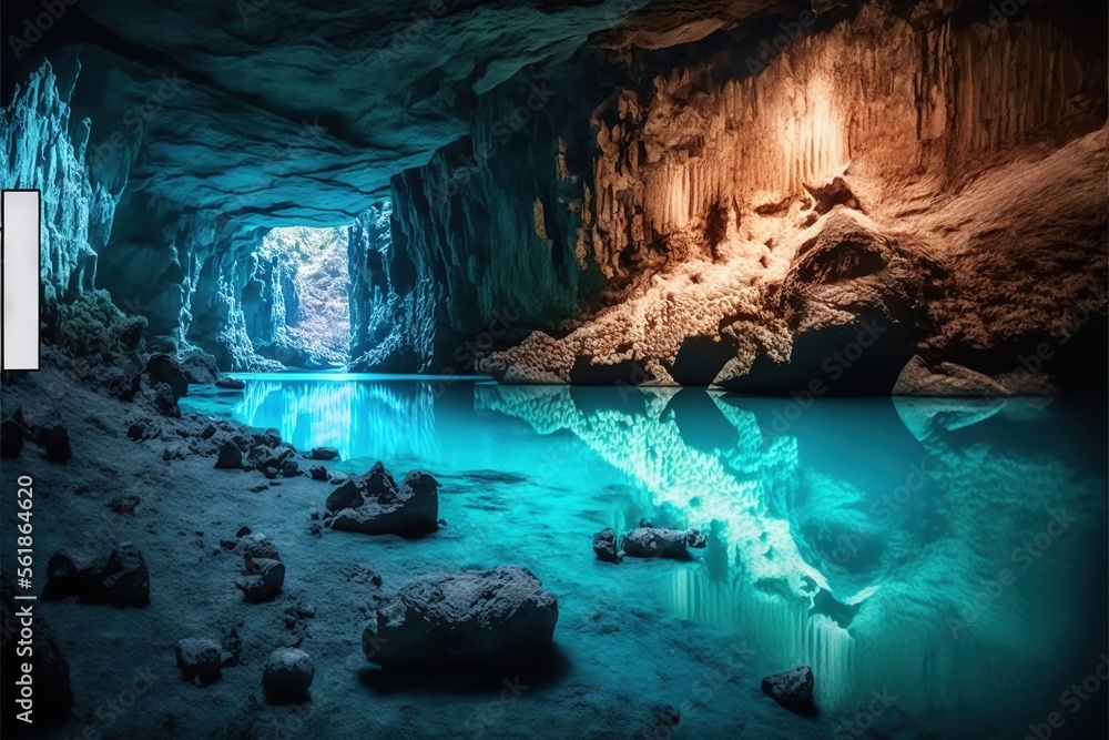 Poster a cave with a pool of water inside of it and a light at the end of the cave is on the wall and the w