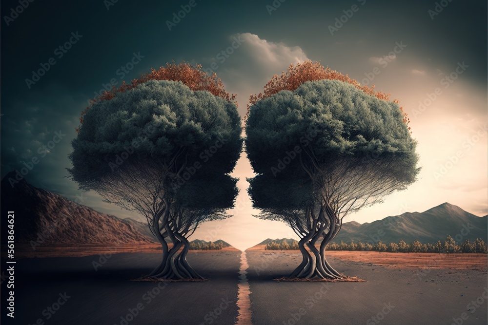 Poster two trees are split into two by a road with a sky background and mountains in the distance, with a d