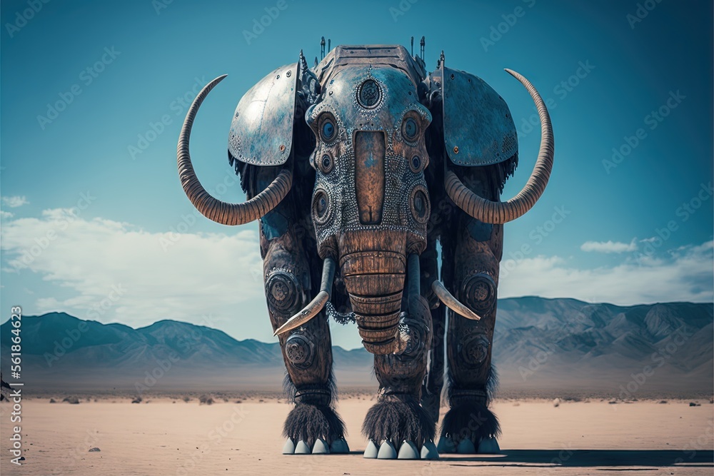 Poster a large elephant with large tusks standing in a desert area with mountains in the background and a b