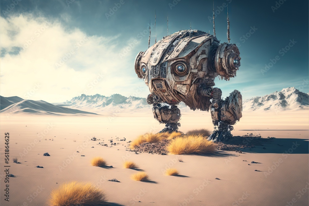 Poster a robot in the desert with mountains in the background and a sky background with clouds in the dista