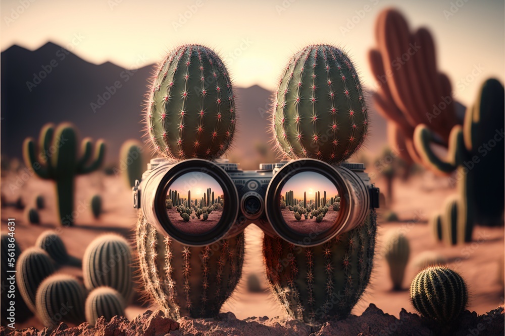 Poster a cactus with a pair of binoculars in front of it with a desert scene in the background with mountai