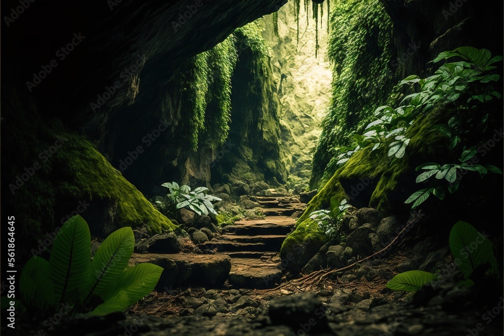 Poster a path in a cave with moss growing on the walls and a stone pathway leading to it with a light at th