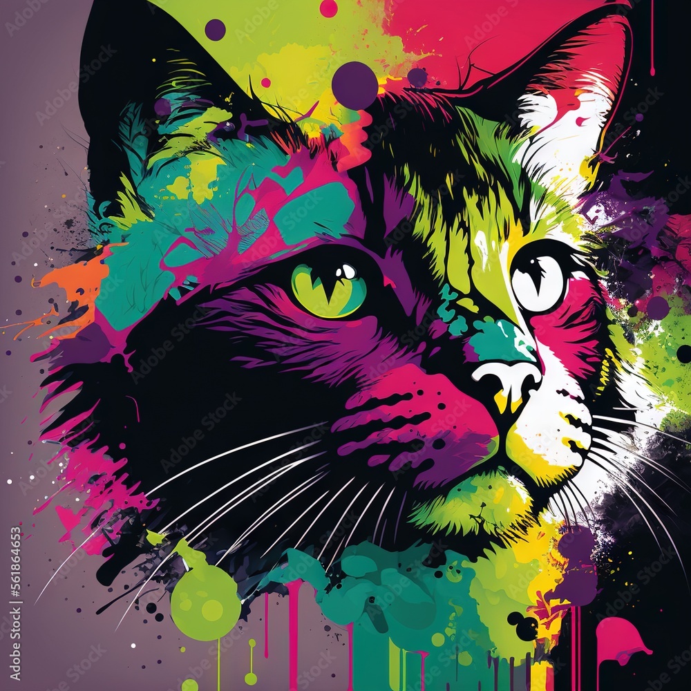 Poster a cat with a colorful background and a grungy effect on it's face is shown in this colorful illustra