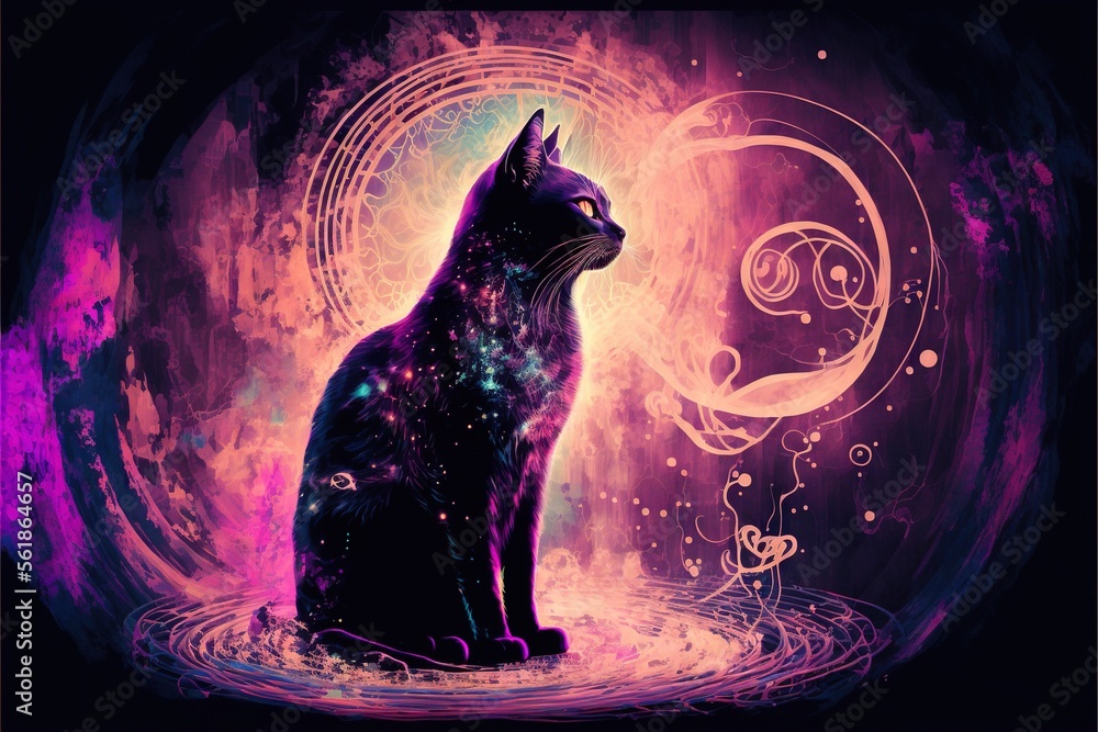 Poster a cat sitting in a pool of water with a crescent and stars design on it's back side, in front of a p