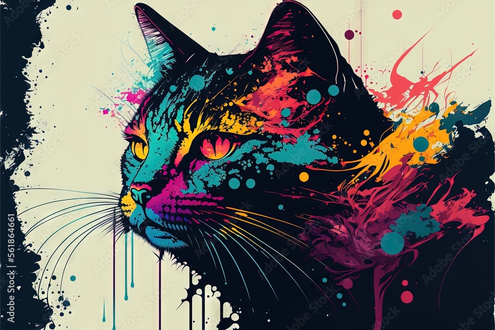 Poster a cat with colorful paint splatters on it's face and eyes, with a black background and a white backg