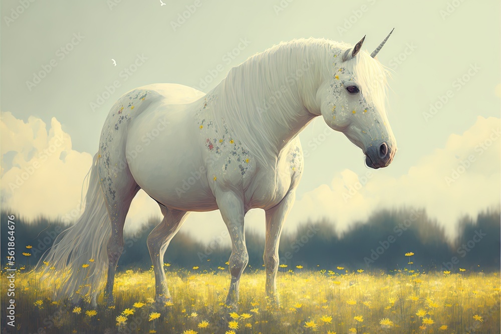 Poster a white unicorn standing in a field of yellow flowers with a sky background and clouds in the backgr