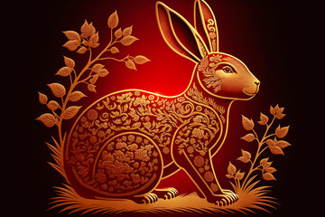 Golden Rabbit zodiac sign with Asian elements isolated on red color background. Lunar New Year. Generative AI