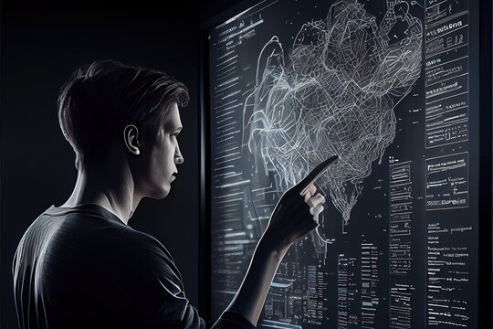 data scientist concept, illustration of man looking at data set