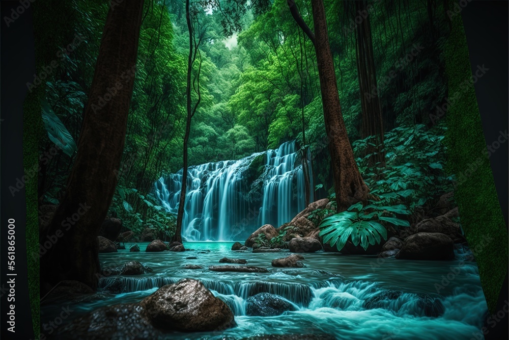 Poster a painting of a waterfall in a forest with rocks and trees in the foreground and a stream running th