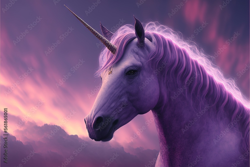 Poster a unicorn with a long horn and a purple background with clouds and a pink sky with clouds and a pink