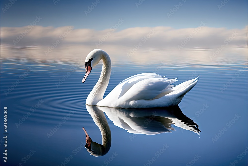 Poster a swan is swimming in the water with its reflection on the water surface and clouds in the sky above