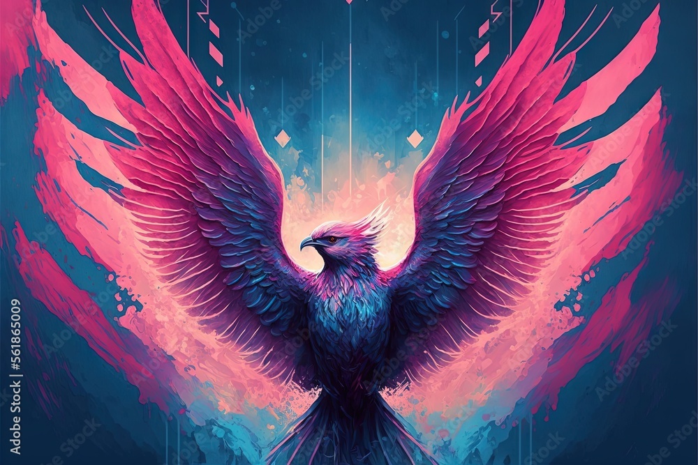 Poster a painting of a bird with pink and blue wings and a blue background with a pink triangle and a blue 