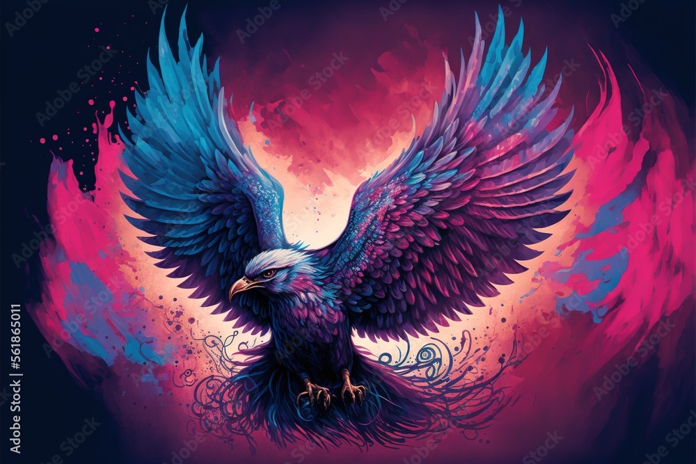 Poster a painting of a bird with wings spread out and a purple background with a red and blue swirl around 