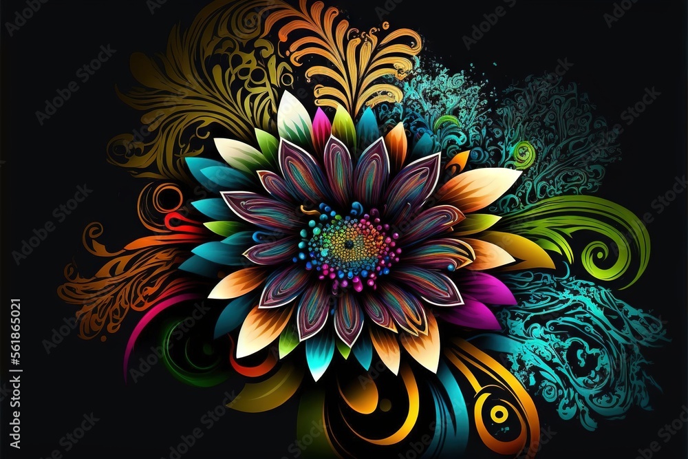 Poster a colorful flower with swirls and leaves on a black background with a black background and a black b