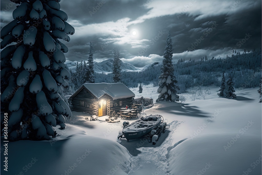 Poster a cabin in the woods with a full moon in the background and snow on the ground and trees in the fore