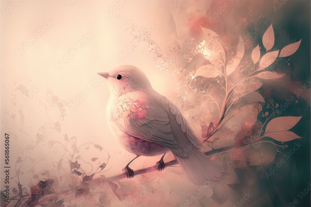 Aufkleber a bird sitting on a branch with flowers in the background and a sky background with clouds and leave