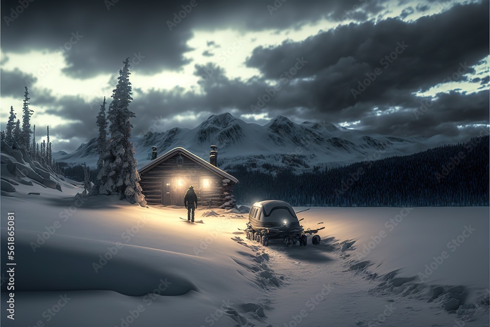 Poster a cabin in the snow with a man standing next to it at night with a flashlight on his head and a car 