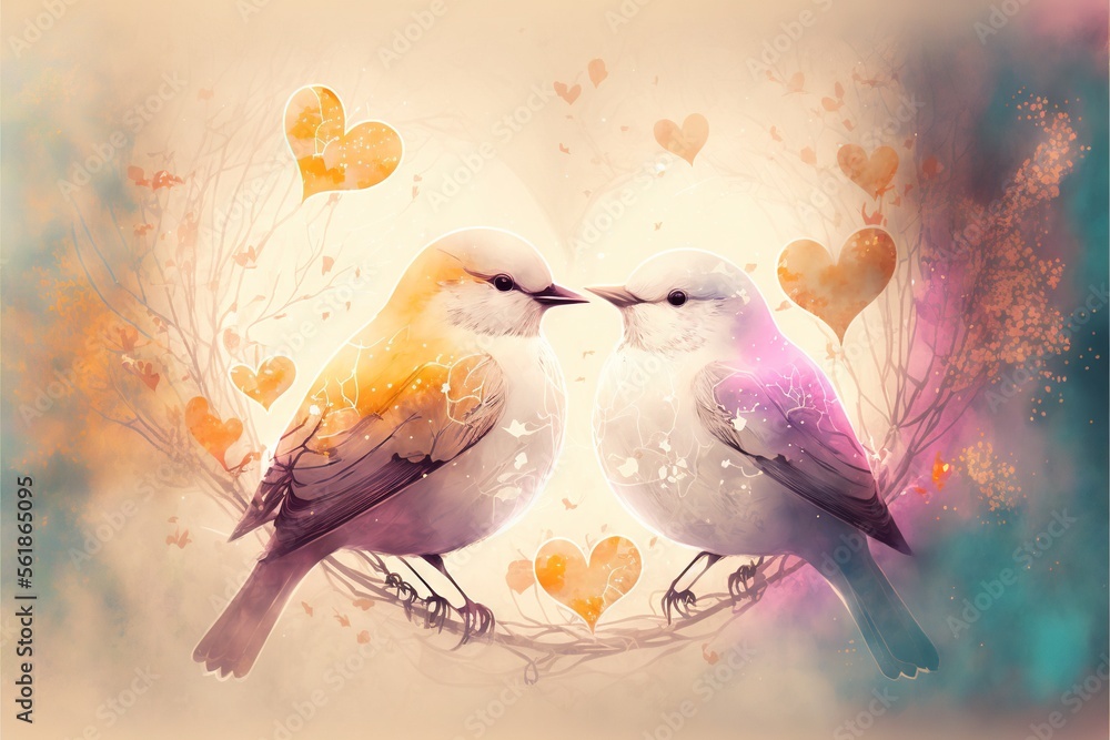 Aufkleber two birds sitting on a branch with hearts in the background and a painting of two birds kissing each