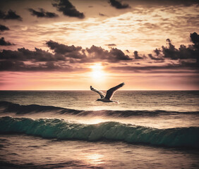 A Seagull Landing At The Ocean Shore At A Beautiful Sunset. Generative AI.