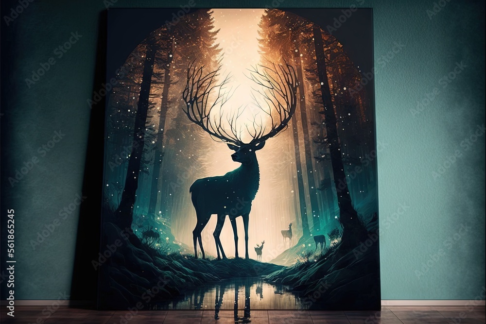 Poster a deer standing in a forest with a reflection of it's head in the water and trees in the background,
