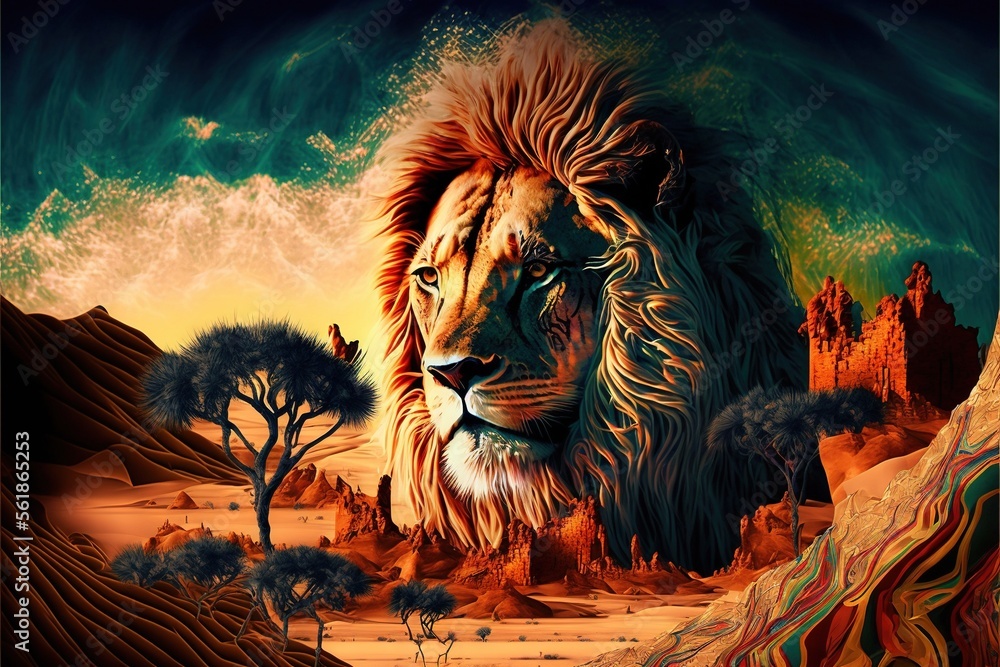 Poster a painting of a lion in a desert landscape with trees and rocks in the background and a sky with clo