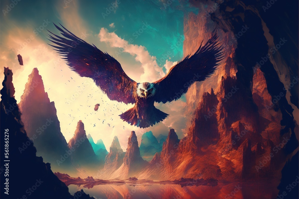 Aufkleber a bird flying over a mountain covered in clouds and rocks with a sky background and a lake below it 