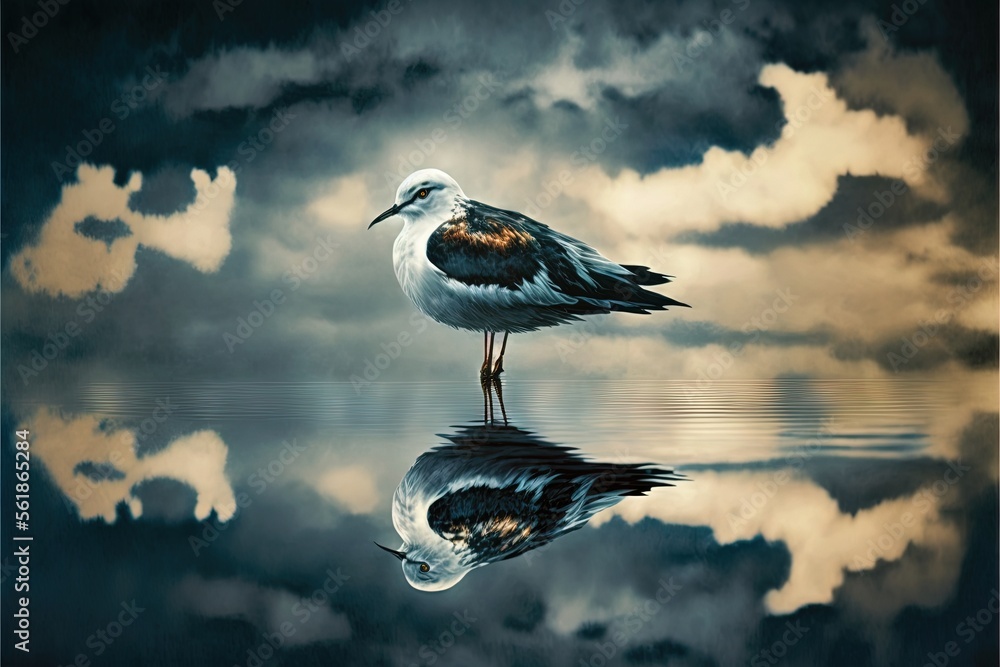Poster a bird standing on a body of water under a cloudy sky with clouds in the background and a reflection