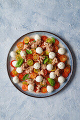 Isolated plate of tomato salad with tuna fish, mozzarella cherries, and basil leaves.  Flat lay