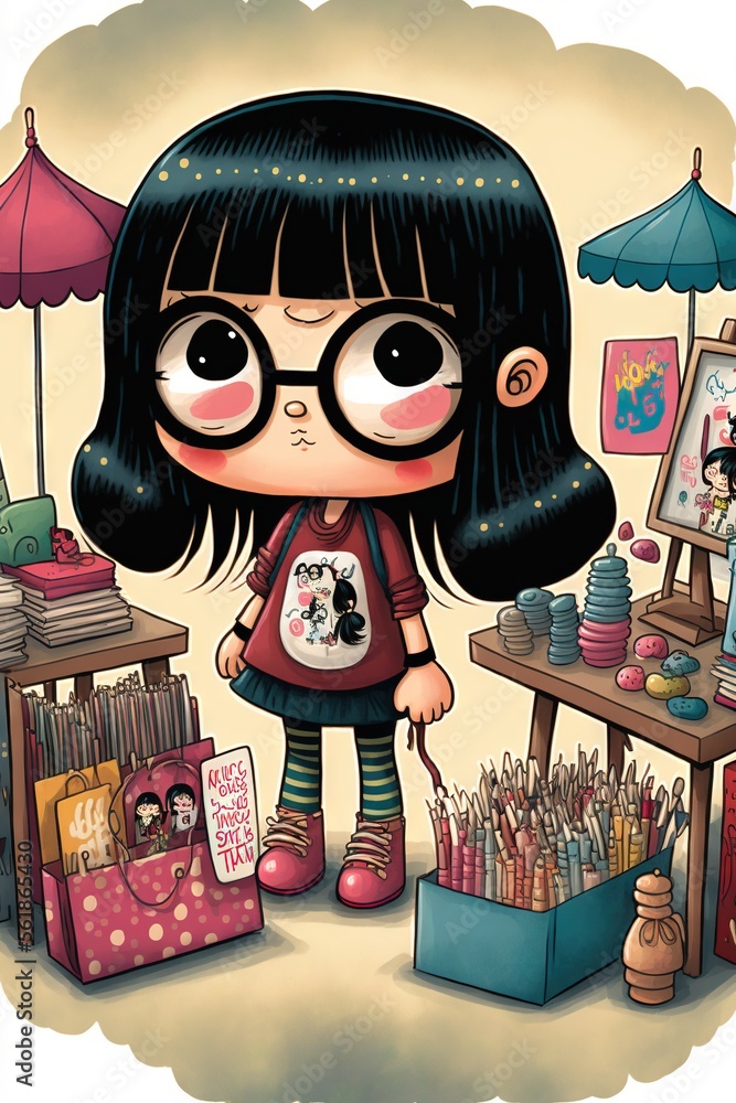 Poster a cartoon girl with glasses standing in front of a table with a lot of items on it and a cat on the 