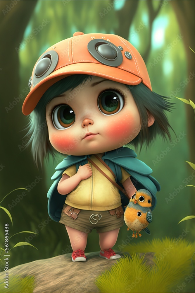 Poster a cartoon character with a hat and a bird in a forest with trees and grass, holding a small bird in 
