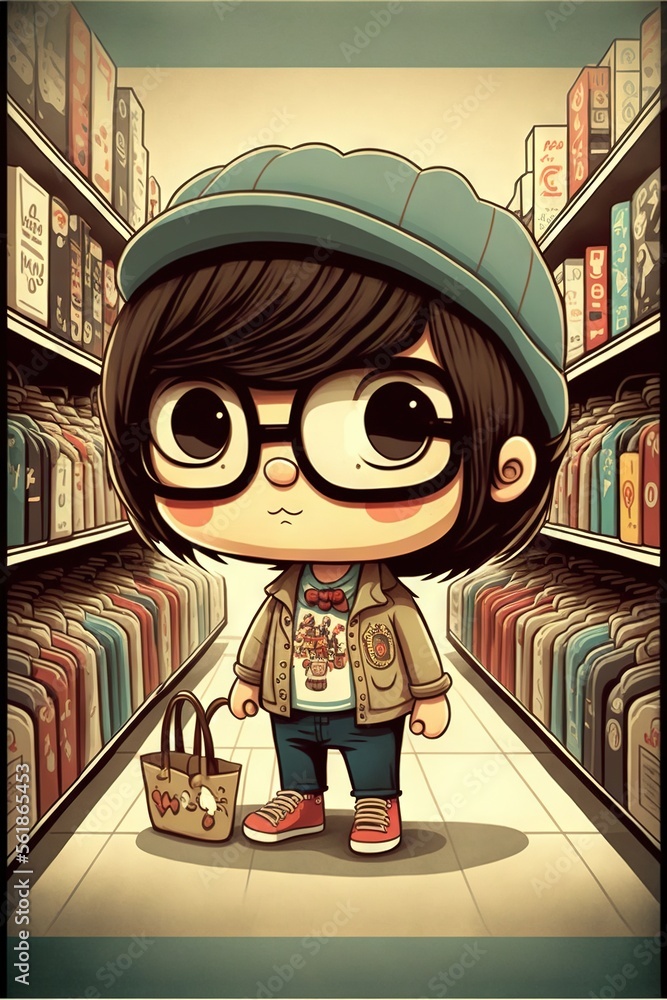 Poster a cartoon character with glasses and a hat holding a bag in a library aisle with bookshelves behind 