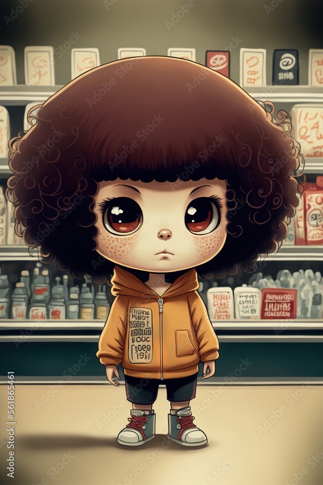 Poster a cartoon character with a big afro standing in front of a store shelf with a lot of bottles on it's