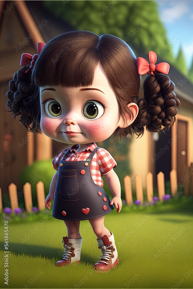 Poster a cartoon girl with a pigtails and a dress on standing in a yard with a house in the background and 