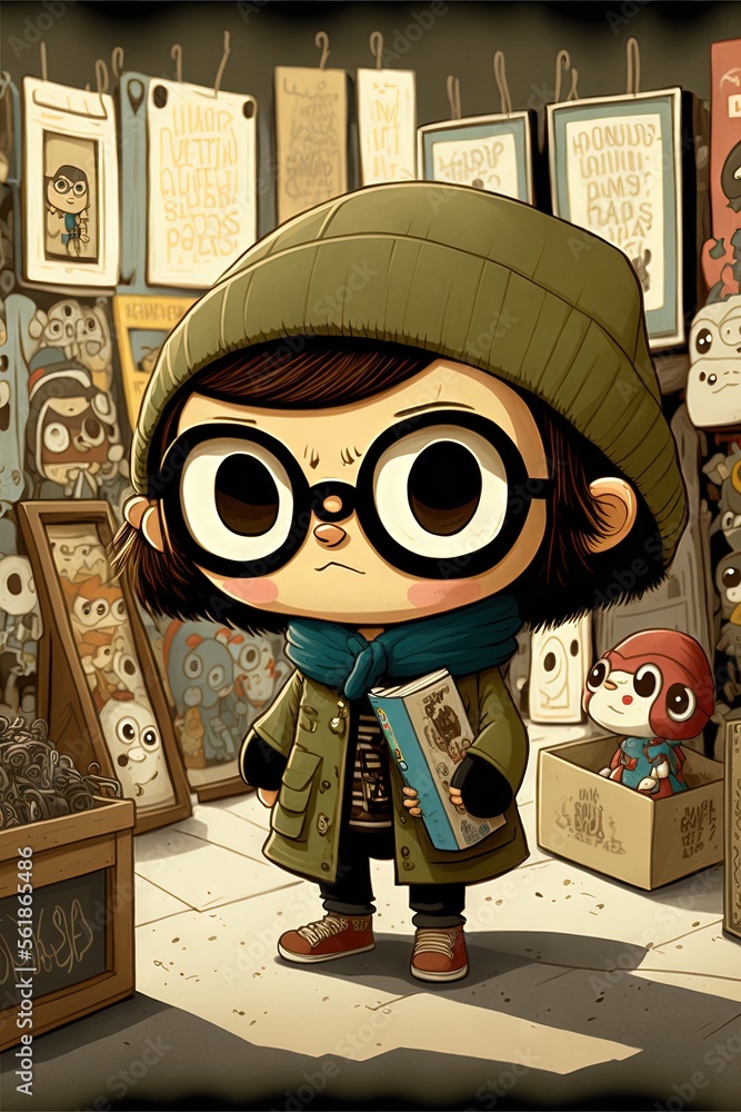 Poster a cartoon character standing in front of a store filled with items and a box of toys in front of him