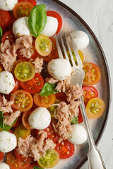 Macro of  tomato salad with tuna fish, mozzarella cherries, and basil leaves.  Flat lay