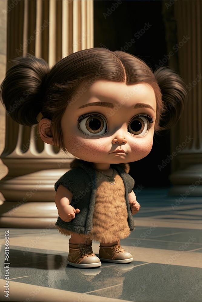 Poster a cartoon character with big eyes and a ponytail standing in front of a building with columns and co