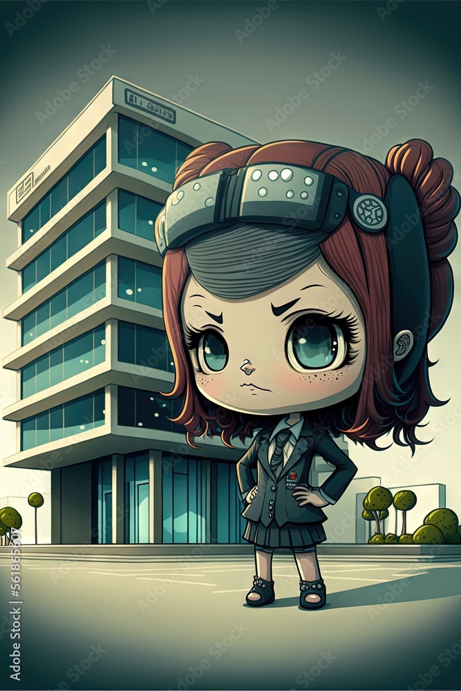 Poster a cartoon character with a weird hat on her head standing in front of a building with a clock on it'