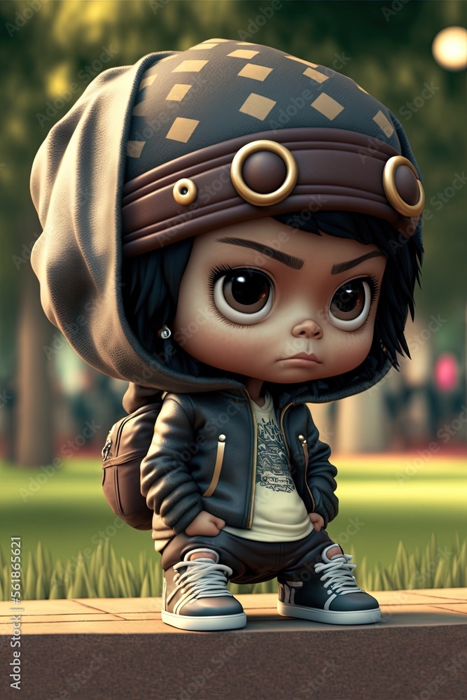 Poster a cartoon character with a hat and jacket on sitting on a sidewalk in a park area with a tree in the