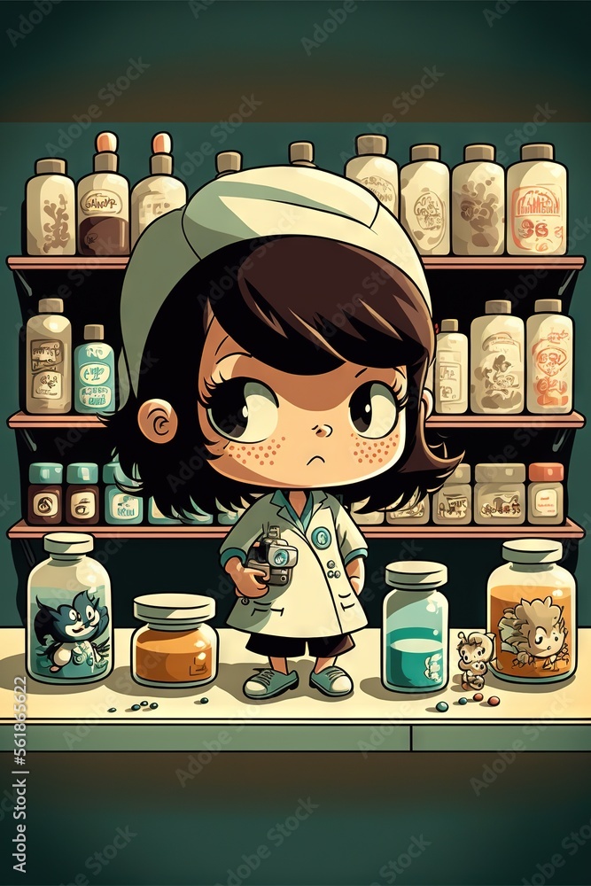 Poster a cartoon girl standing in front of a shelf of jars and jars with a cat on it's head and a cat on he