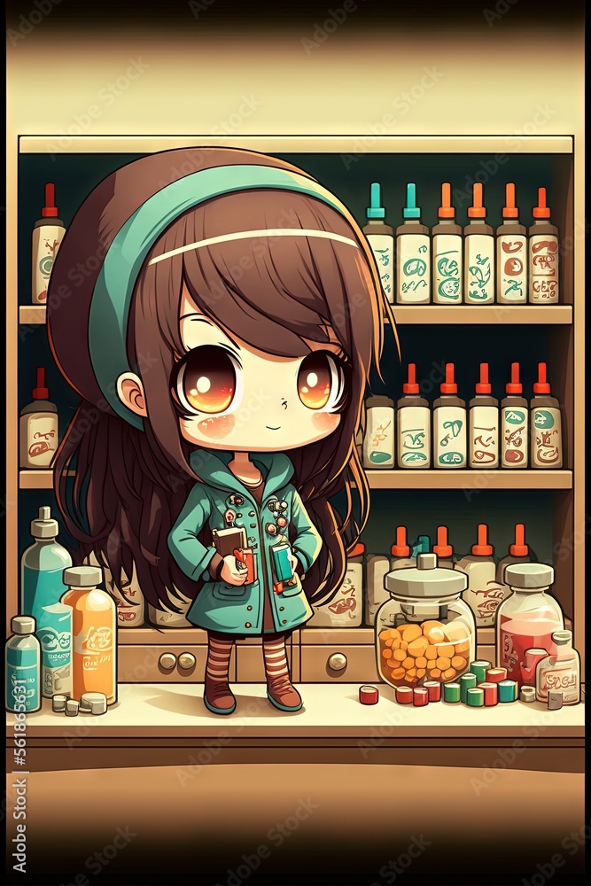 Poster a girl standing in front of a shelf of bottles and jars of liquid in a store with a glass of liquid 