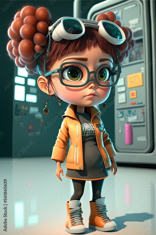 Poster a cartoon character with glasses and a jacket on standing in front of a machine with a bunch of ball